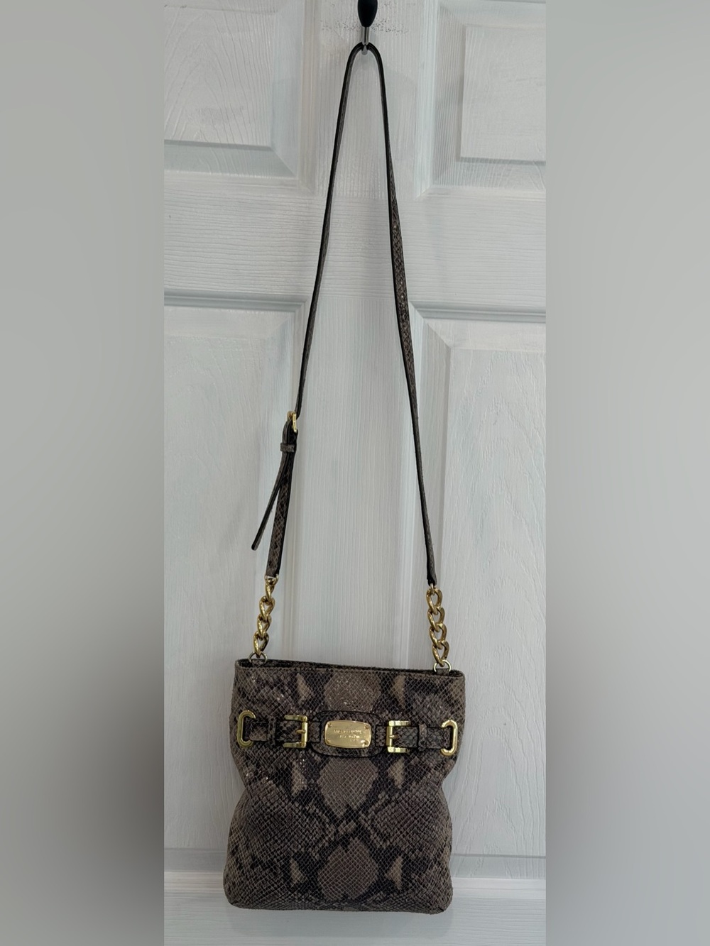 Michael Kors Brown Snake-Print Crossbody with Gold Hardware